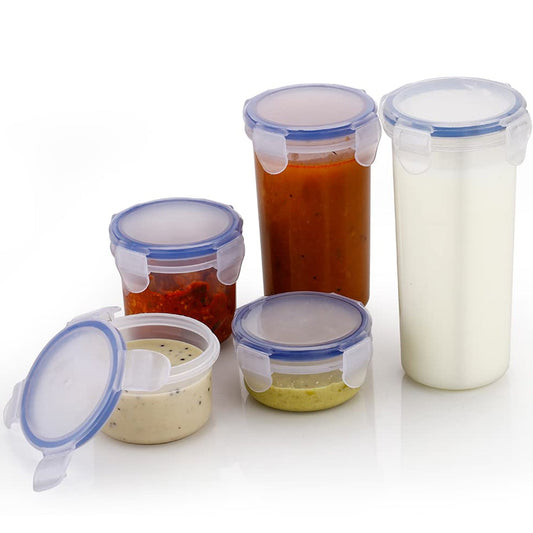 Plastic Liquid Round Airtight Food Storage Container with Leak Proof Locking Lid BPA Free Container for Kitchen, 5 Pcs Set Transparent,  ( Approx Capacity 110 ml,160 ml,210 ml,400 ml,500 ml)