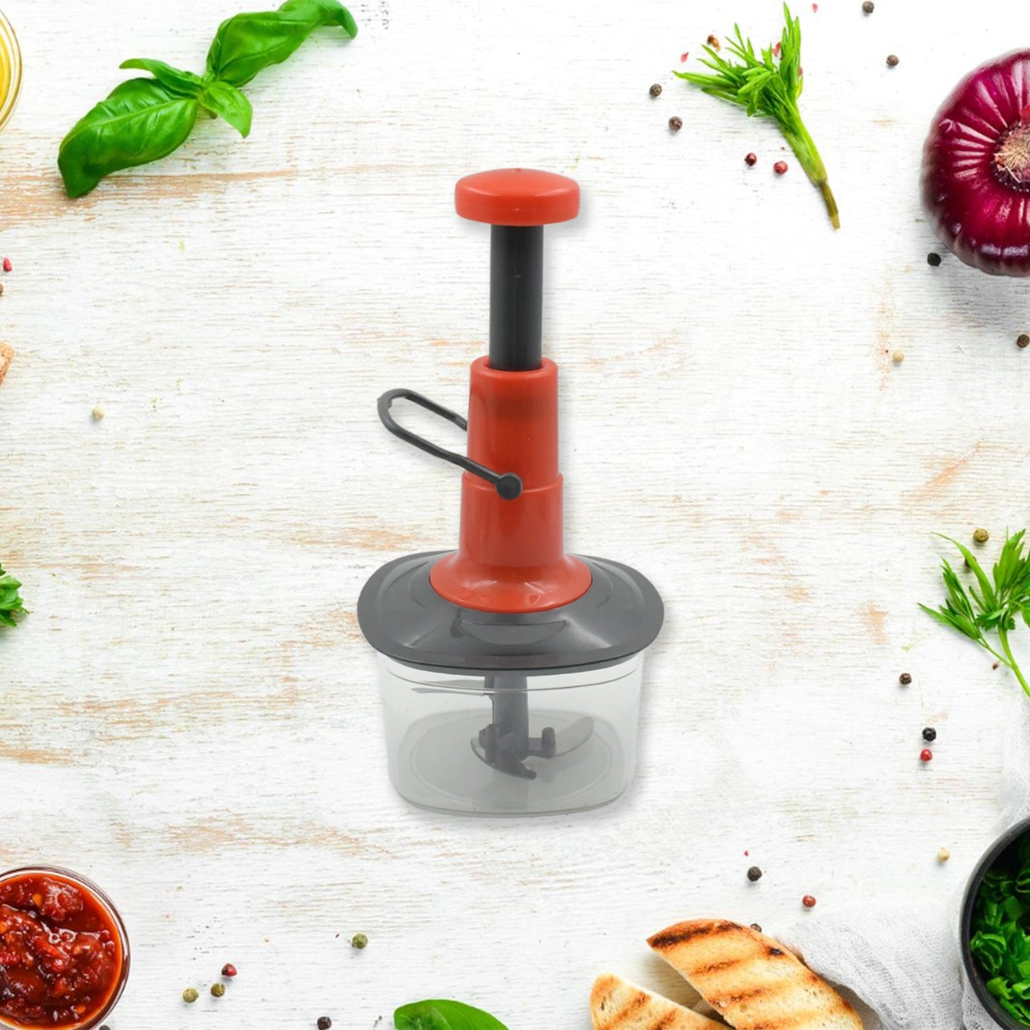 Manual Press Fruit & Vegetable Chopper, with 3 Stainless Steel Blades, Anti-Slip Base, and Locking System, Cutting Chopper For Kitchen (650 ML)