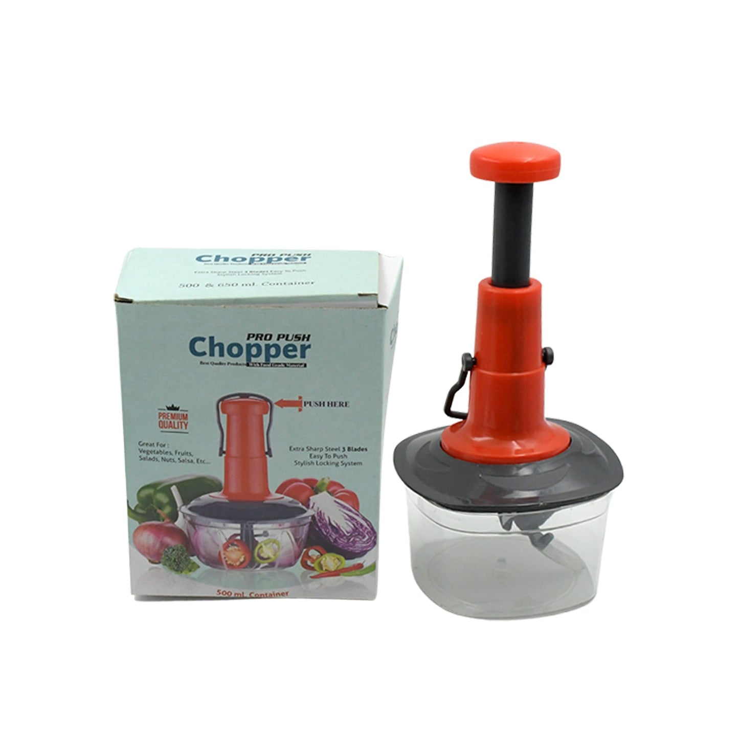 Manual Press Fruit & Vegetable Chopper, with 3 Stainless Steel Blades, Anti-Slip Base, and Locking System, Cutting Chopper For Kitchen (650 ML)