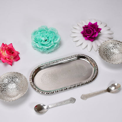 2947A Silver Plated 2 Bowl 2 Spoon Tray Set Brass with Red Velvet Gift Box Serving Dry Fruits Desserts Gift, Bartan 