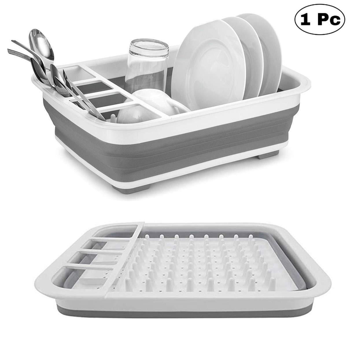 0804 Collapsible Folding Silicone Dish Drying Drainer Rack with Spoon Fork Knife Storage Holder 