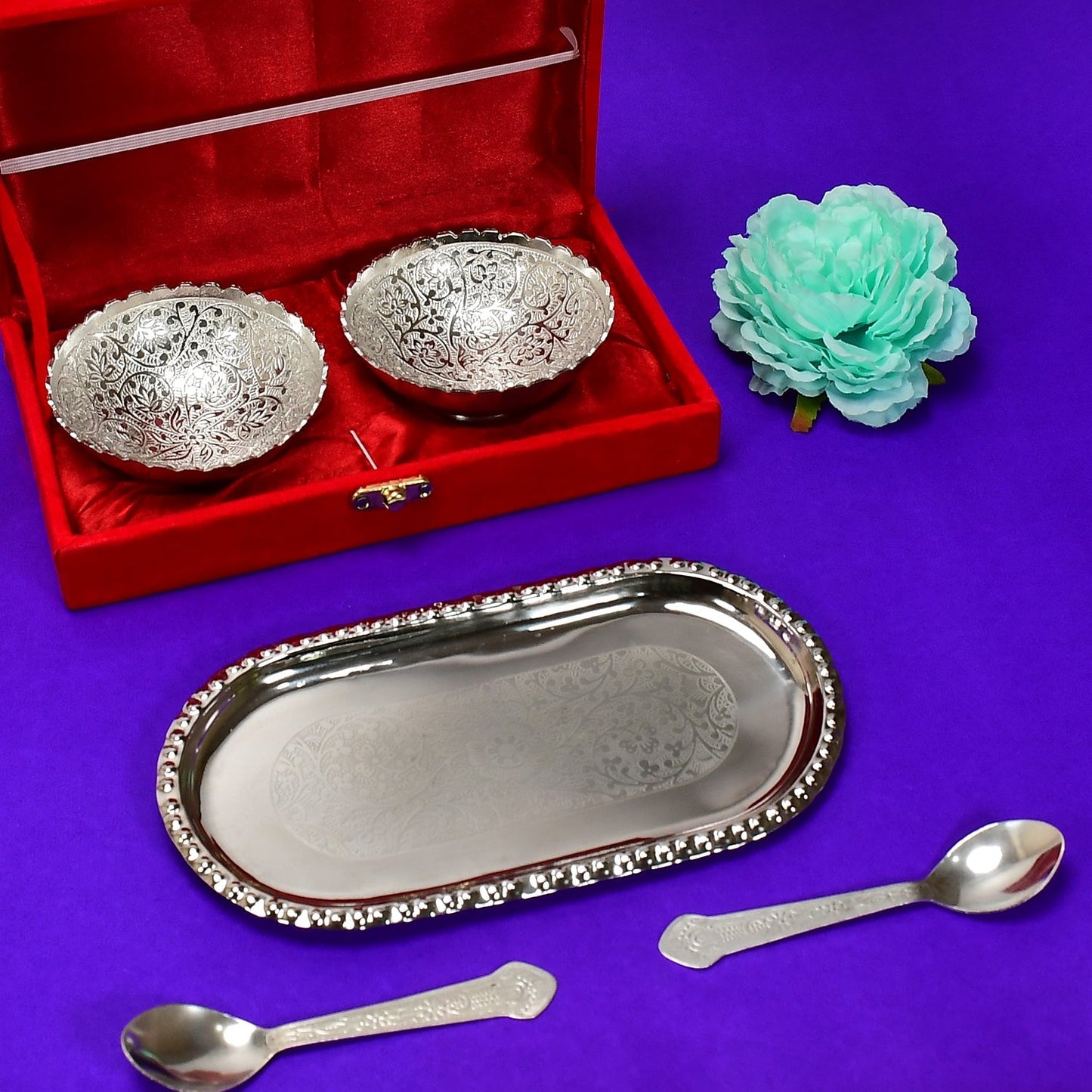 2947A Silver Plated 2 Bowl 2 Spoon Tray Set Brass with Red Velvet Gift Box Serving Dry Fruits Desserts Gift, Bartan 