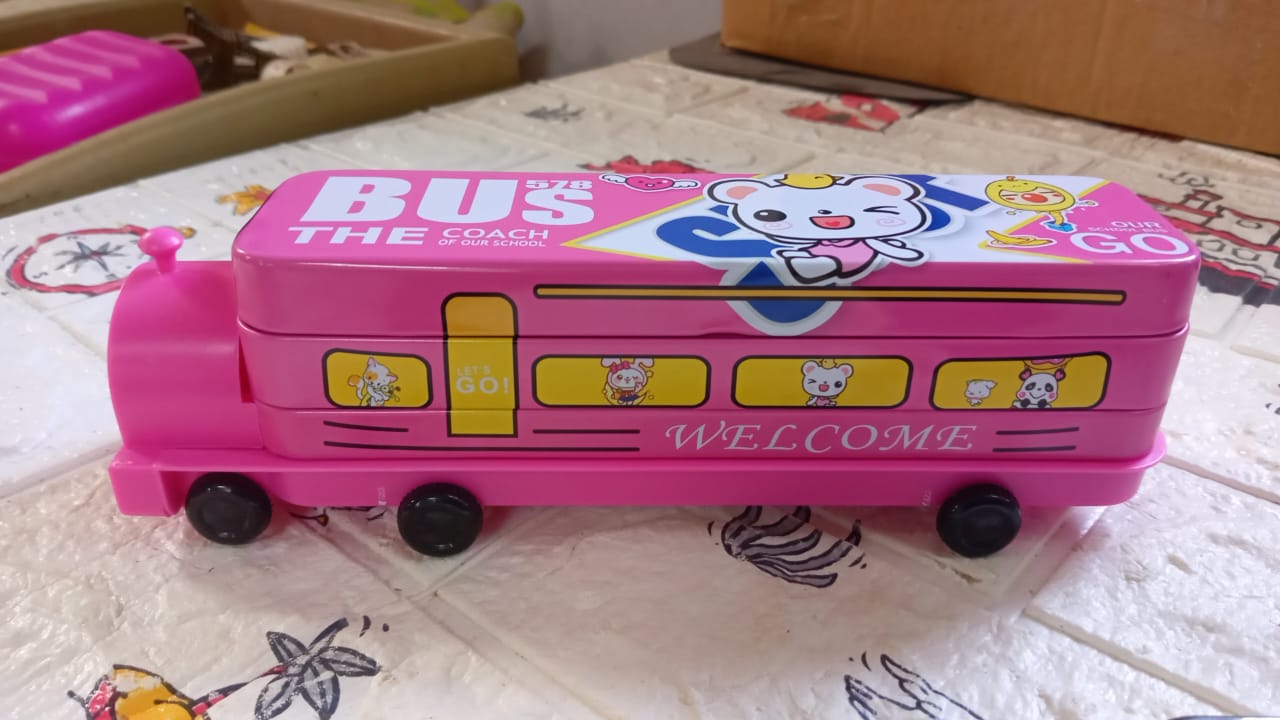 Double Decker Magic Bus Compass 2 Layer Metal Bus Compass Pencil Case with Movable Wheels & Sharpener Bus Shape with Tiers Metal Pencil Box for Kids Birthday Party