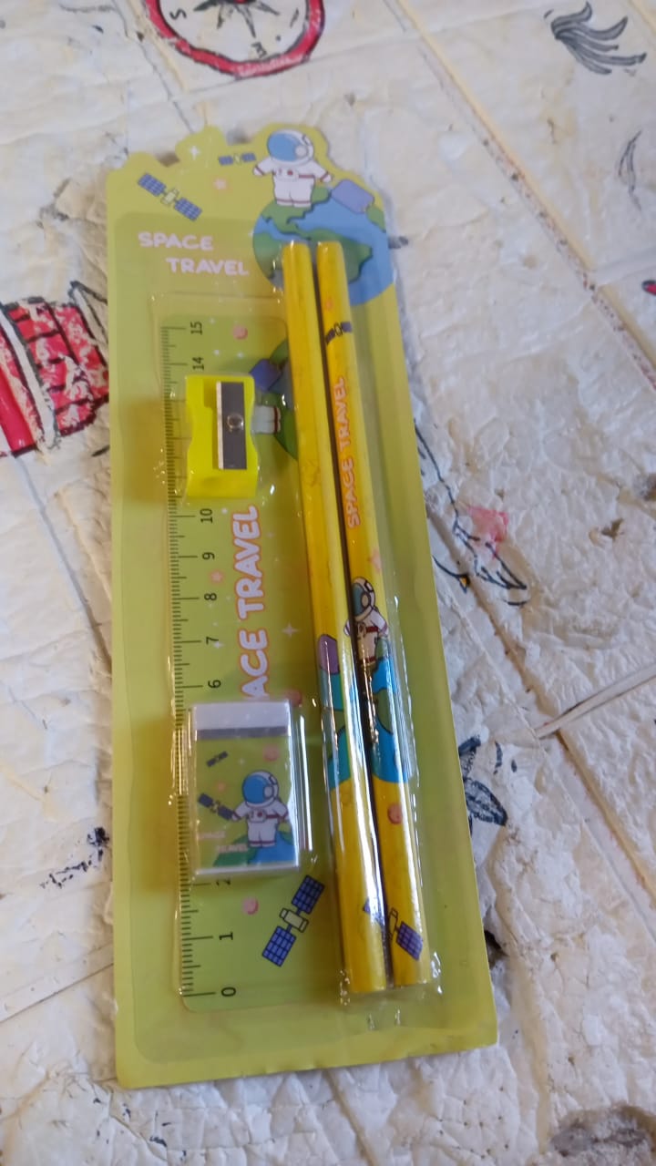 Wooden Pencil Set, Stationary Set 5 in 1 Items Educational Item for School Going Kids, Stationary Set for Girls Boys/Stationary for School/Gift Pack for Girls Kids/Birthday Gift Kids (5 Pc Set